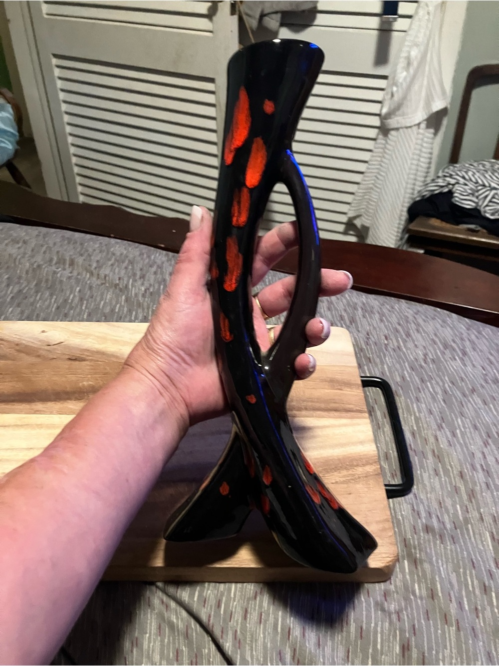 Mid Century Modern Black and Red Drip Glaze Ceramic Vase